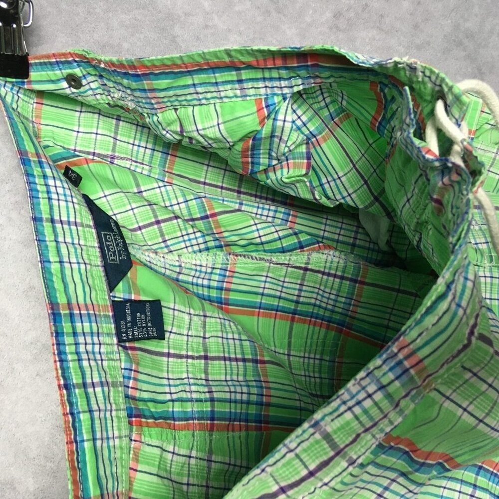 Polo RL Mens Plaid Swim Cargo Shorts size 34 Green Drawstring Cotton Nylon - Picture 15 of 16